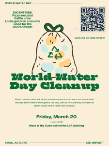 World Water Day clean up poster featuring cartoon trash bag with recycling symbol.