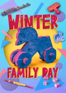 Winter Family Day key image. A wooden toy horse on wheels sits on a yellow circle background, surrounded by colorful geometric shapes and other toys from the ancient world, including dice, a weaver’s comb, and a cloth doll.