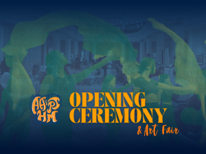 Creative photo collage featuring images of students and campus architecture, with "AA&PI Opening Ceremony & Art Fair"