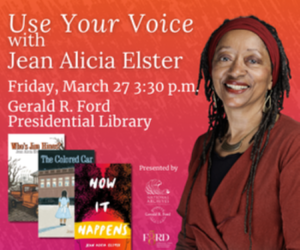 Photo of the author with shoulder length dark braids, wearing a maroon headband and jacket and smiling.  Also pictured are the covers of the three books she will be discussing at the event.