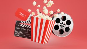 Image of popcorn, a movie ticket, a clapboard and a film reel against a red background
