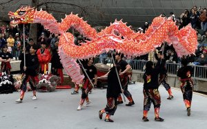 Team of dancers dancing a red dragon