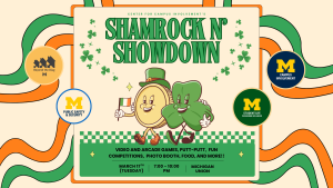 Cream and green background. 3 leaf clover and a gold coin walking together.