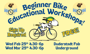 Snoopy riding a bike surrounded by text detailing events