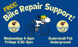 Snoopy riding a bike surrounded by text detailing events