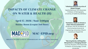 Event flyer has event info written over top of a faded drawing of an Earth with a stethoscope alongside it.