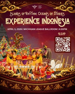 Flyer for Indonesian Cultural Festival 2026 featuring Indonesian cultural imagery and the theme “Islands of Rhythm, Oceans of Stories: Experience Indonesia,” promoting a month of cultural events including photography, film, music, batik, and festival night.