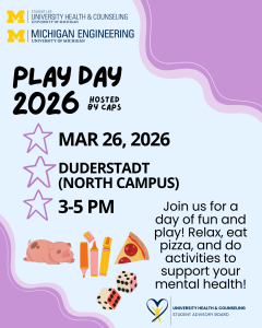 Dark and light purple colors on the corners, which purple stars and the event description in the middle on a light blue background.