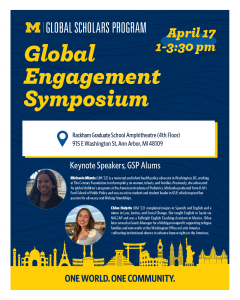 Flyer with a blue background and yellow and white text, listing event details. Yellow icons of international images fill the bottom of the flyer. The flyer also has headshots of the keynote speakers.