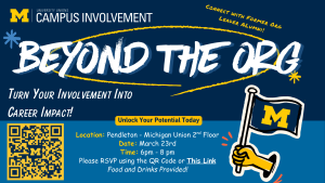 Blue and maize promotional graphic for “Beyond the Org,” hosted by University Unions Campus Involvement. Text encourages students to turn their involvement into career impact and connect with former organization leader alumni. Event details read: March 23rd, 6–8 PM, Pendleton in the Michigan Union (2nd floor). A QR code is included for RSVP, and a graphic of a hand holding a University of Michigan flag appears on the right.