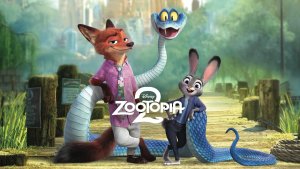 Promotional image for the Zootopia 2 movie featuring an animated rabbit, fox, and snake smiling