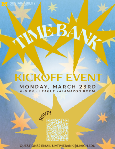 Flyer with blue background and yellow stars advertising a Time Bank launch event.