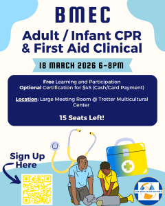 Two cartoon figures practice CPR on a grey bust, in the background is a medical kit and a stethoscope.