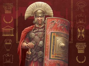 The cover of “The Magnificent Book of Treasures: Ancient Rome” showing a soldier wearing a helmet, armor, and shield, surrounded by illustrations of Roman objects, buildings, and symbols.