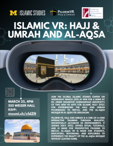 Virtual reality headset showing an image of the Kaaba with text detailing an Islamic VR event on March 25 at the University of Michigan.