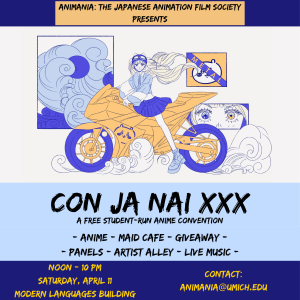 Artwork of Animania mascot and description of time and location of event