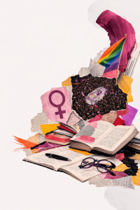 Collage of open books, a pen, glasses, and paper scraps. A crowd with a rainbow flag is visible, alongside a female symbol on torn paper.