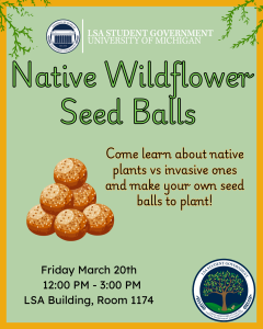 Flyer states that there is a Native Wildflower Seed Balls Event: Come to LSA Room 1174 on March 20th from 12-3 to make a free seed ball with Native Michigan wildflowers! All materials are provided, and you will bring home a free seed ball to plant in the spring!
