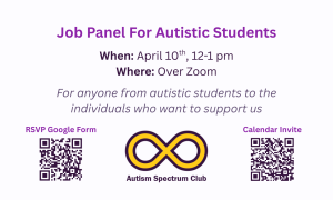 Reads "job panel for autistic students. When: April 10th, 12-1, where: over zoom." Under, in italics, "For anyone from autistic students to the individuals who want to support us." To the left, there is a qr code that says "RSVP to google form". In the middle, there is a logo for the autism spectrum club. To the right, there is a qr code that reads "calender invite"