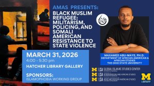 Partial cover of the book "Black Muslim Refugee: Militarism, Policing, and Somali American Resistance to State Violence" and a photo of the author, Maxamed Abu-maye.