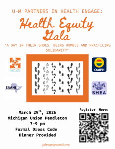 Health Equity Gala Flyer with footprints in the middle to represent the theme of "A Day in their Shoes", with information about the Gala and four logos (PIH, OutPH, SAAHI, and SHEA)