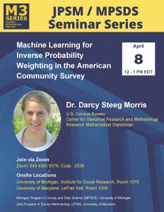 MPSDS JPSM Seminar, Machine Learning for Inverse Probability Weighting in the American Community Survey, to be held April 8th 12-1pm, onsite 1070 ISR and via Zoom