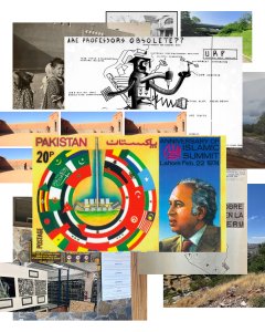 A collage of overlapping images, including a black-and-white drawing titled “Are Professors Obsolete?” showing a machine-like teacher, a colorful Pakistan postage stamp with international flags and a portrait, and various photos of buildings, landscapes, and people arranged in layers.