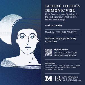 Illustrated event poster in blue and white featuring a stylized woman’s face and lecture details for Andrea Gondos.