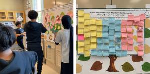 A group of students in a classroom stands around a large poster, adding sticky notes with ideas about climate change actions. The poster features a tree illustration and is covered with yellow, blue, and pink notes written in multiple languages.