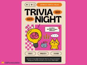 Bright, playful promotional graphic for “Sporcle Trivia Night” by University Unions Campus Involvement. The design features bold black text reading “Trivia Night” on a beige background with pink accents. Illustrations include a lightbulb with a brain inside, cartoon cats, exclamation marks, and a checkerboard pattern. Text highlights: Tuesday, March 24, 7:00–9:00 PM at the Michigan League Ballroom. Additional text notes “Free,” “Prizes,” and “Food,” and invites students to bring friends for a fun-filled trivia night.
