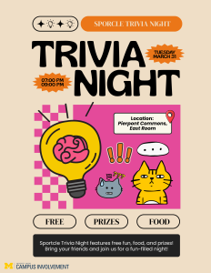 Sporcle trivia flyer showcasing Tuesday Trivia night from 7-9 pm at Pierpont Commons on March 31st.