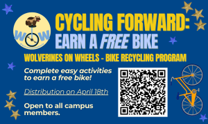 Dark blue background with yellow bold text and yellow bike to the right. Includes Wolverines on Wheels logo and star images around text with event details.