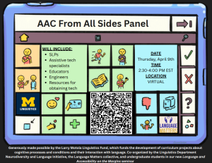 A promotional flyer for the AAC From All Sides Panel. It takes on the appearance of an AAC board on a tablet with the event information arranged around pictures typically used for communication. The flyer includes information for the event, a QR code to RSVP (https://forms.gle/6HUGV6Ar8ywvTAok6), and the logos for the UM Linguistics Department and Language Matters collective. Generously made possible by the Larry Motola Linguistics Fund. Co-organized by the Linguistics Department Neurodiversity and Language Initiative, the Language Matters collective, and undergraduate students in the Language and Accessibility on the Margins seminar. The event will virtually take place on Thursday, April 9th from 2:30 to 4:00 PM Eastern Standard Time.