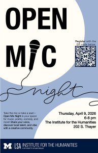 Poster for 'Open Mic Night' with bold text, microphone graphic, and QR code