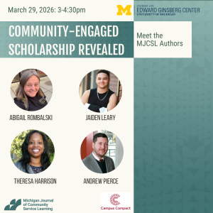 Event flyer for "Community-Engaged Scholarship Revealed" featuring information about 4 authors scheduled for April 28, 2026, 3–4:30pm, hosted by the Edward Ginsberg Center and Campus Compact.