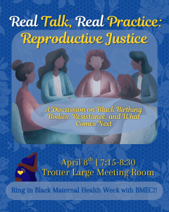 4 illustrated woman figures sit around a table, engaged in conversation. In the background are floral patterns.