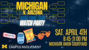 Graphic for Michigan vs. Arizona NCAA Final Four watch party. Snacks and soda icons are shown, with event details for April 4th at Michigan Union Courtyard. Background includes a basketball court and bracket design