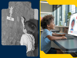 A split composition contrasts two educational scenes. On the left, a black-and-white photo shows a young child standing at a chalkboard, reaching up to write among handwritten words and numbers in a classroom setting in the 1940s. On the right, an AI-generated image of a modern, full-color scene with a child seated at a desk using a desktop computer, smiling and engaged with a brightly colored animated character displayed on the screen.