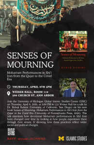 Poster promoting "Senses of Mourning" event. Background shows a Moharram procession. Details include date, time, location, and speaker, Babak Rahimi.
