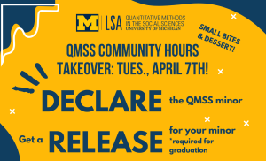 Gold background with navy blue text advertising QMSS Community Hours Takeover on Tuesday, April 7.