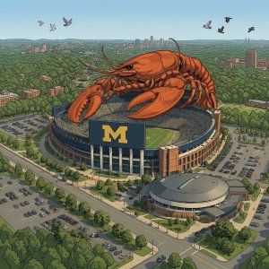 AI generated image of a giant lobster on top of the Big House. You can see the surrounding scenery of Ann Arbor around it.