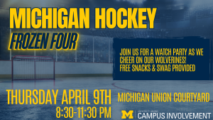 Hockey rink in the background with yellow text indicating a watch party on April 9th starting at 8:30 pm.