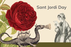 Red rose, fire-breathing dragon, and a Victorian woman reading.