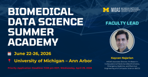 promotional graphic for the Biomedical Summer Academy. June 22-25. Application deadline April 29. Kayvan Najarian Faculty Lead