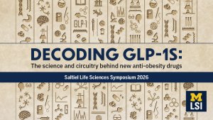 scientific icons stylized as hieroglyphics with text: Decoding GLP1s: The science and circuitry behind new anti-obesity drugs