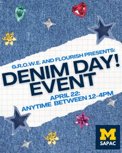 Graphic shows denim bedazzled denim fabric with event details.