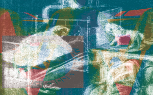 A multicolored, grainy, abstract collage featuring a child sleeping in a bed and a toy horse on a table overlaying layered silhouettes and textures in teal, red, and yellow.
