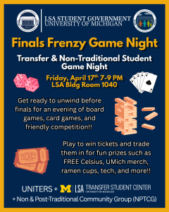 Image of a flyer advertising a game night with LSA Student Government and the LSA Transfer Student Center. The casino-style game night occurs on April 17th from 7PM to 9PM, and will have prizes such as Celcius energy drinks, ramen noodle cups, and more.