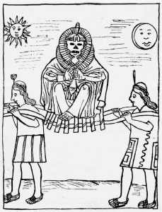 A black and white pen and ink illustration by Felipe Guamán Poma de Ayala (circa 1615) depicting a mummified Inca ruler being carried in a procession. The central figure is a mummy with a skeletal face, seated on a wooden litter or stretcher held aloft by two attendants. Above, a personified sun with a face is on the left and a personified crescent moon is on the right. The attendants wear traditional Inca garments and headpieces.