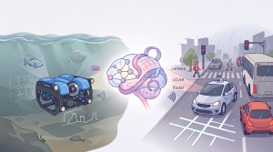 Split illustration contrasting two robotic perception scenarios: on the left, an underwater ROV with a camera surveys fish and seafloor objects in murky water; on the right, a self-driving car uses camera, LiDAR, and radar to detect pedestrians and vehicles on a rainy city street. A stylized brain with neural network nodes and intertwined loops sits at the center, linking the two domains.